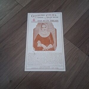 Vintage 1933 Crochet Pattern Leaflet Star Brand Threads Collars Cuffs Jabot #27‎